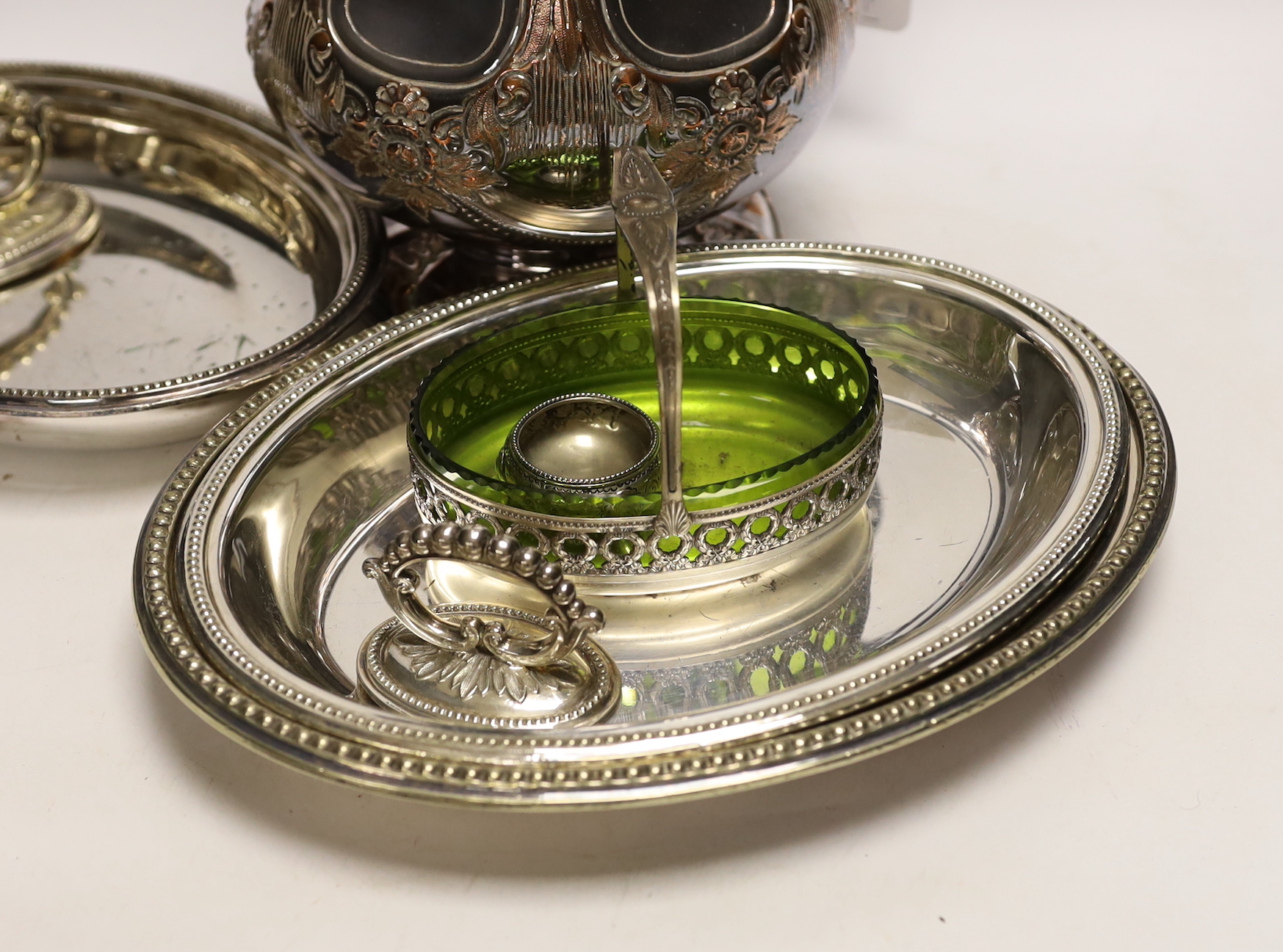 A small silver mustard pot and assorted plated wares including a large copper on electroplate jug, jug 30cm